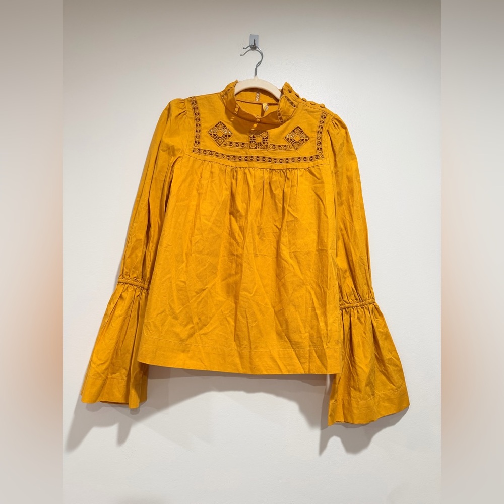 Free People Another Eternity Blouse in Marigold boho mustard yellow, sz Small